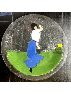 Peggy Karr Fused Glass Retired 13.75" Tennis Lady Platter Art Glass Plate Decor